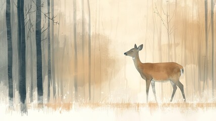 Watercolor Illustration of a Doe in Serene Woodland. Delicate Brushstrokes Capture the Beauty of Nature.