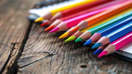Fototapeta premium Colorful pencils and notebook arranged on wooden surface Overhead perspective