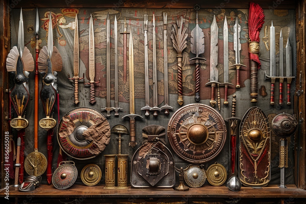 Poster journey back in time with a glimpse of the roman empire military arsenal showcasing a diverse array 