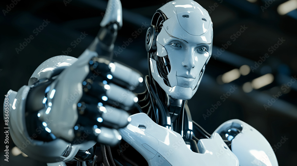 Poster a robot with a thumbs up gesture. the robot is white and has a metallic appearance. the robot is sta