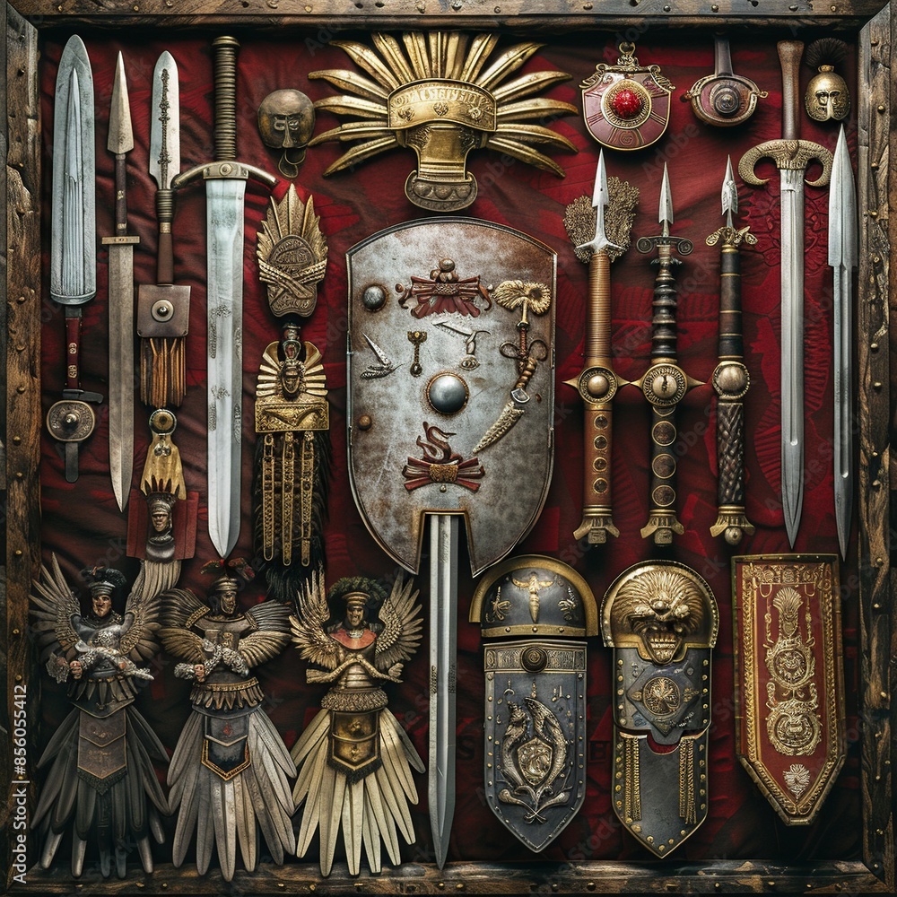 Poster journey back in time with a glimpse of the roman empire military arsenal showcasing a diverse array 