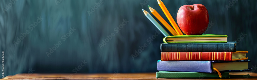 Poster stack of books and pencils topped with a red apple, placed on a desk, symbolizing education and lear