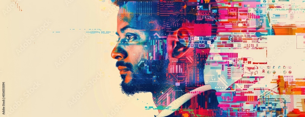 Poster the image shows a man with glasses looking to the right. his face is partially obscured by a colorfu
