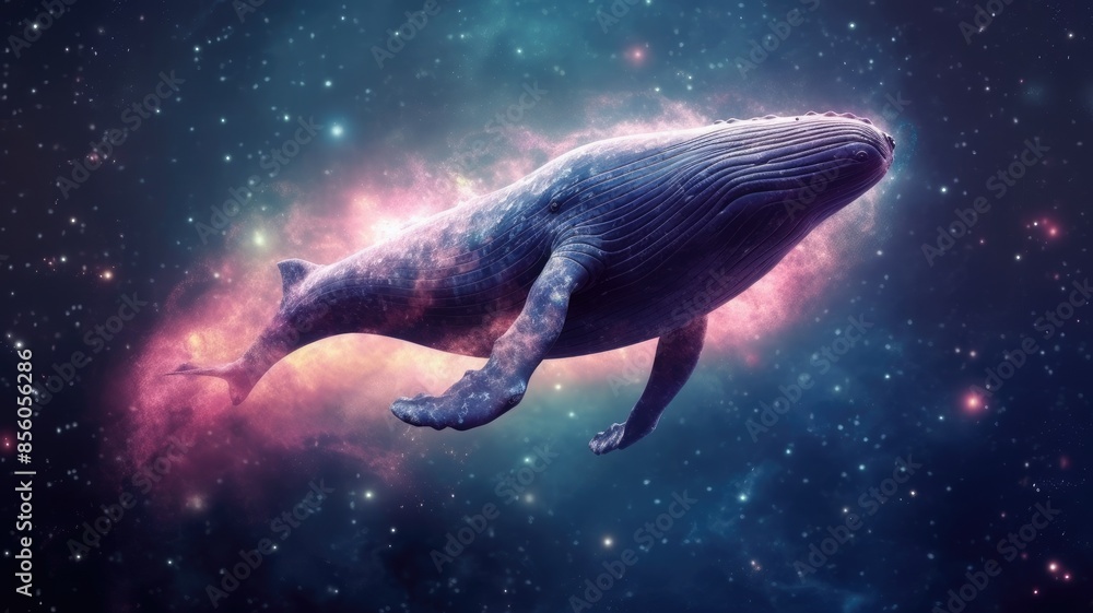 Poster surreal art design of a whale floating in space with a cosmic background. aig35.