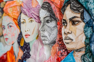 drawing cut-out: faces of different women