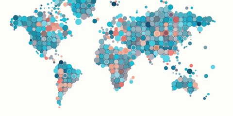 Abstract world map composed of colored circles on a light background. AIG35.