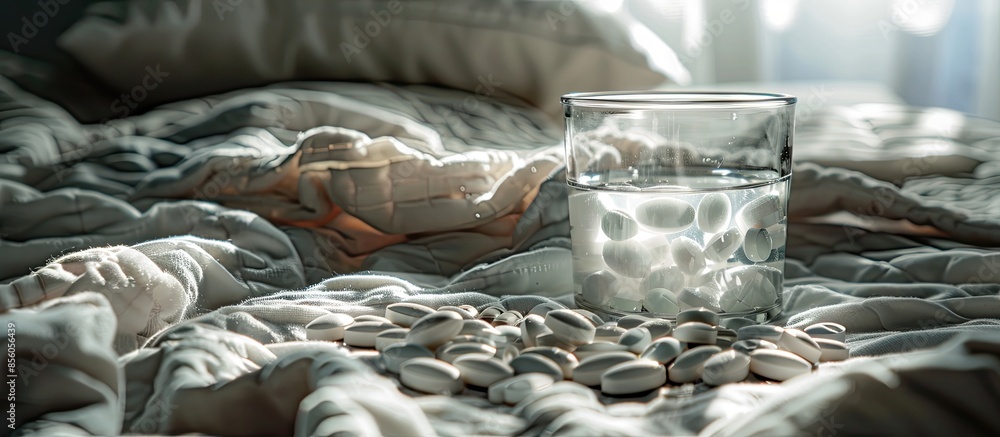 Aufkleber Sleeping pills and a glass of water prepared for a calm and sound sleep on the bedside table in the bedroom. with copy space image. Place for adding text or design