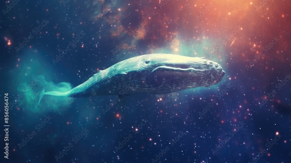 Poster surreal art design of a whale floating in space with a cosmic background. aig35.