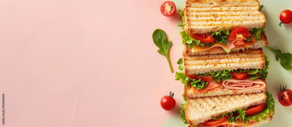 Fototapete two double sandwiches with fresh and delicious ingredients isolated on a pastel background. with cop