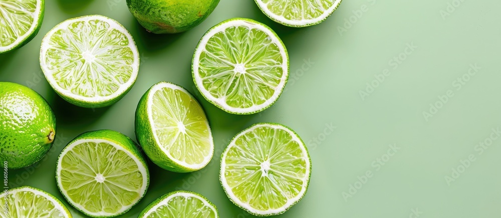 Poster lime slices isolated on pastel background food isolated. with copy space image. place for adding tex