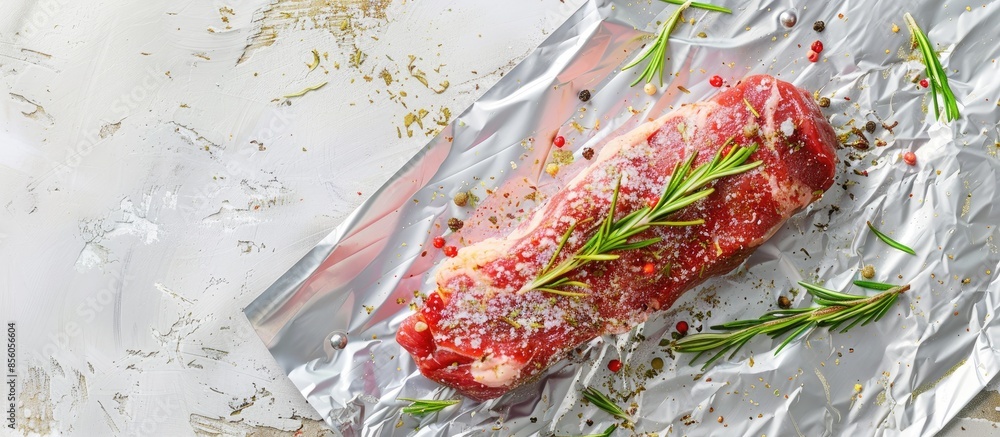 Aufkleber raw meat with spices and rosemary for baking on foil pastel background. with copy space image. place