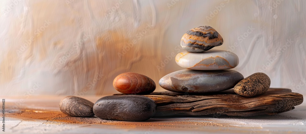 Poster ring of wood with stones pastel background  Abstract. with copy space image. Place for adding text or design