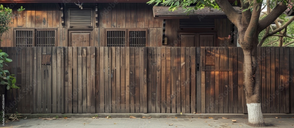 Poster Wooden yard has brown color rectangle shape bars, There is a tree from the right side, The mansion has about four windows and one door,. Copy space image. Place for adding text or design
