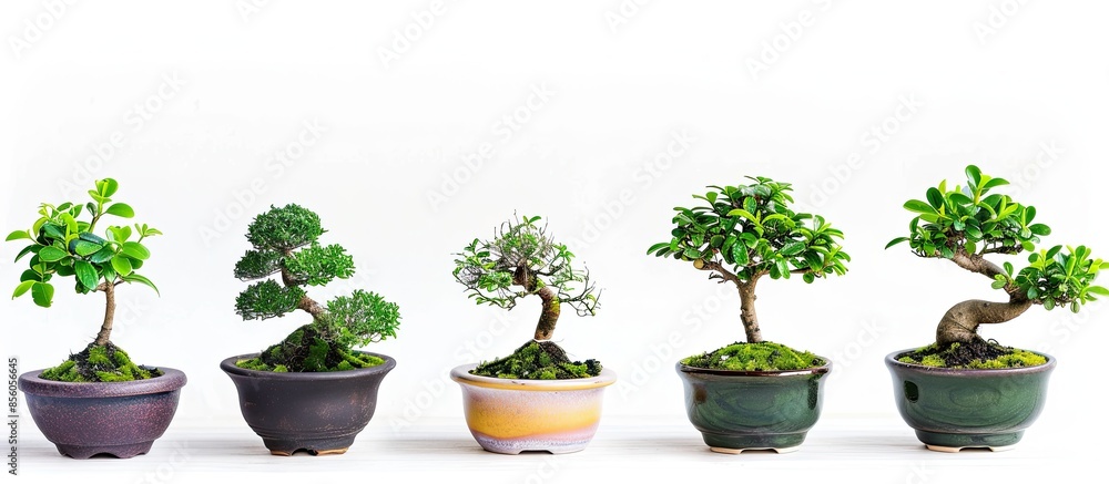 Poster small bonsai plants in pots are a hobby for decorating the garden isolated on white background. copy