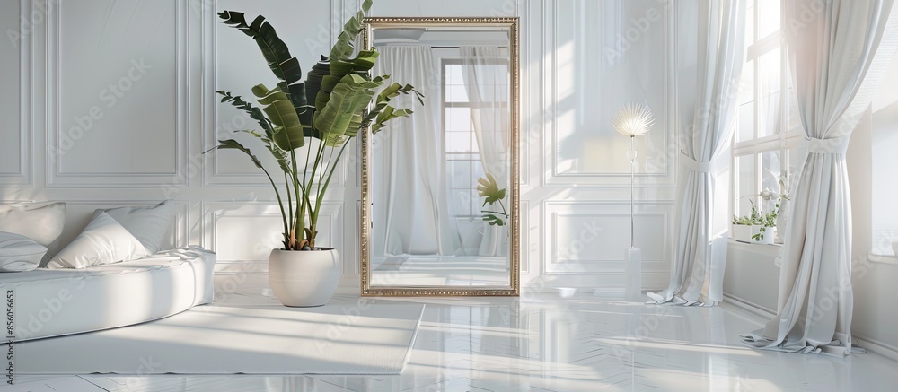 Poster white interior with large housplant and mirror. with copy space image. place for adding text or desi