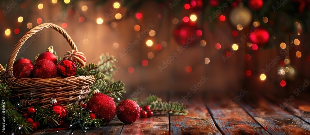 Leinwandbilder desk of free space and x mas balls in basket. with copy space image. place for adding text or design