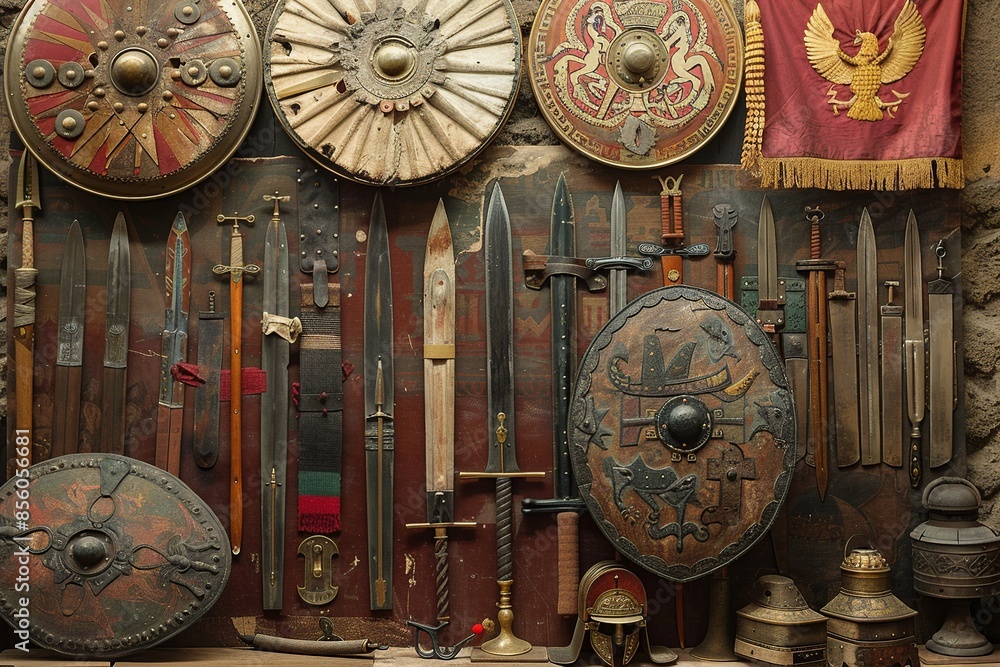 Poster journey back in time with a glimpse of the roman empire military arsenal showcasing a diverse array 
