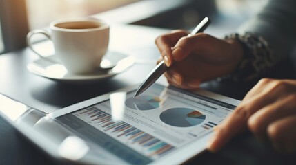 Close up of customer use tablet analyzing financial data at coffee shop. AIG42.