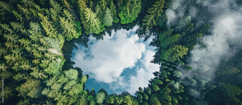 Poster vertical earth lake surrounded by alpine forest. eco image with cloud reflection resembling the plan