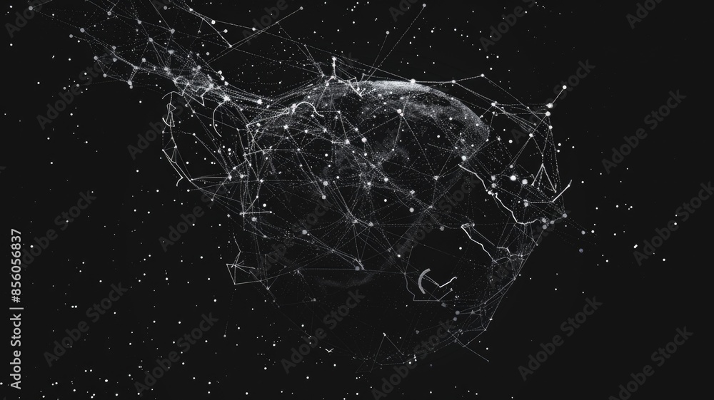Poster digital art of globe with connected lines and dots on black background. aig53f.