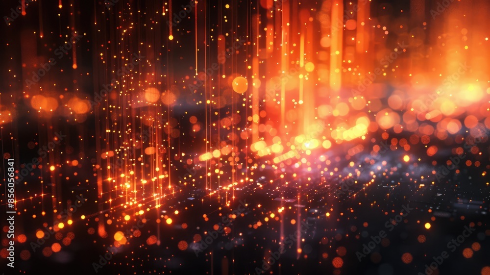 Poster abstract art with glowing orange and blue dots in a dynamic pattern. aig53f.