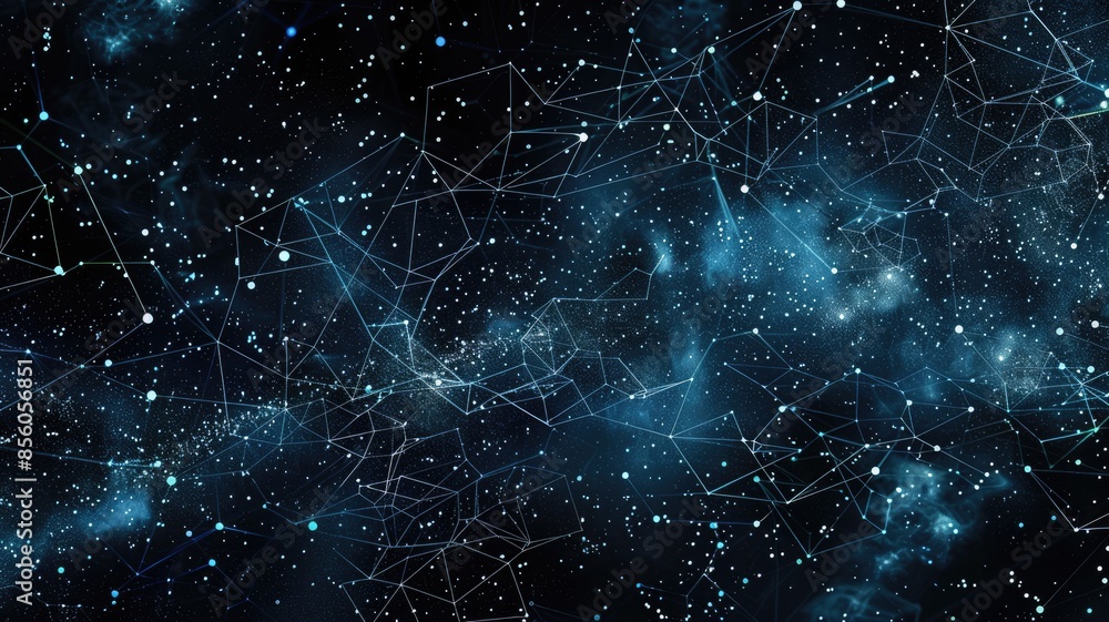 Poster abstract network of glowing blue connections and node on dark background. aig53f.
