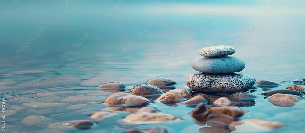Poster stones pile in the river pastel background water beach. with copy space image. place for adding text