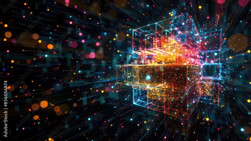 Poster abstract digital rendering of a cube with glowing particles. futuristic. aig53f.