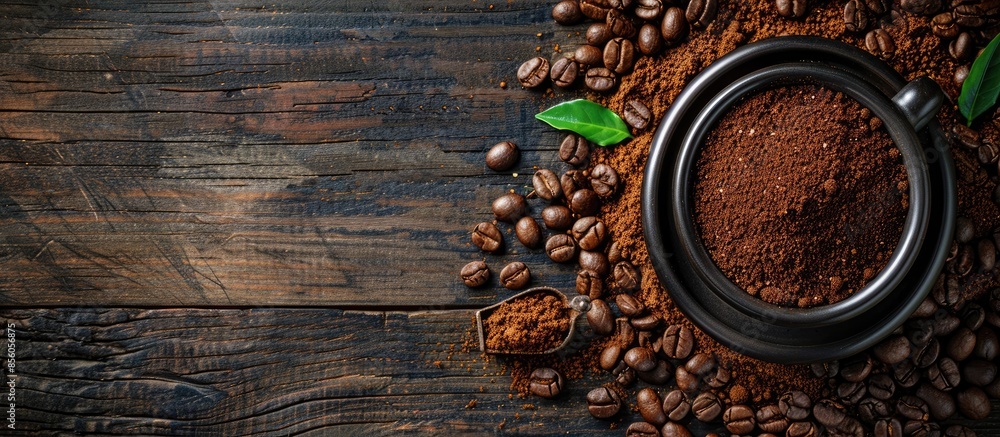 Poster Ground coffee and coffee beans on old cafe table. . with copy space image. Place for adding text or design