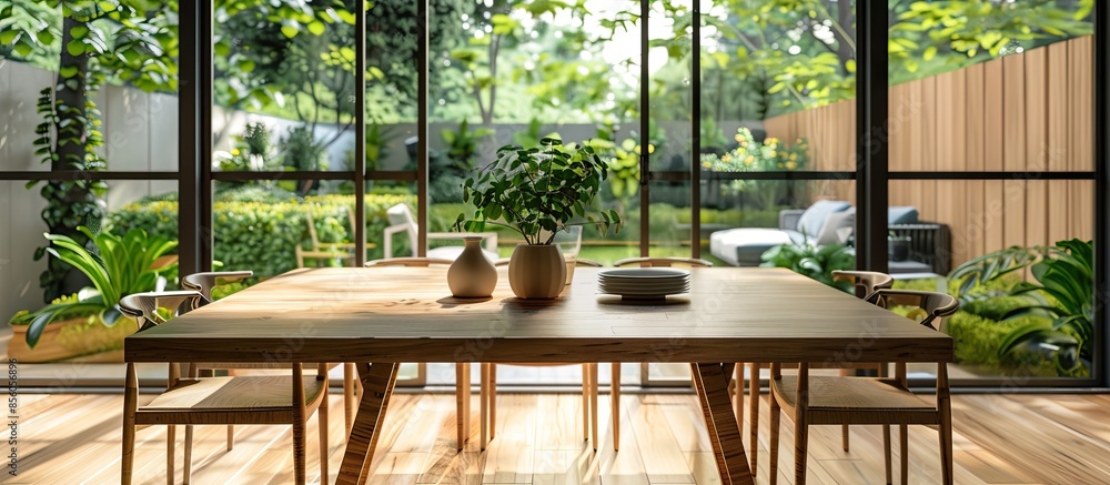 Poster dining table in dining area in living room of apartment with windows and glass doors leading to gard