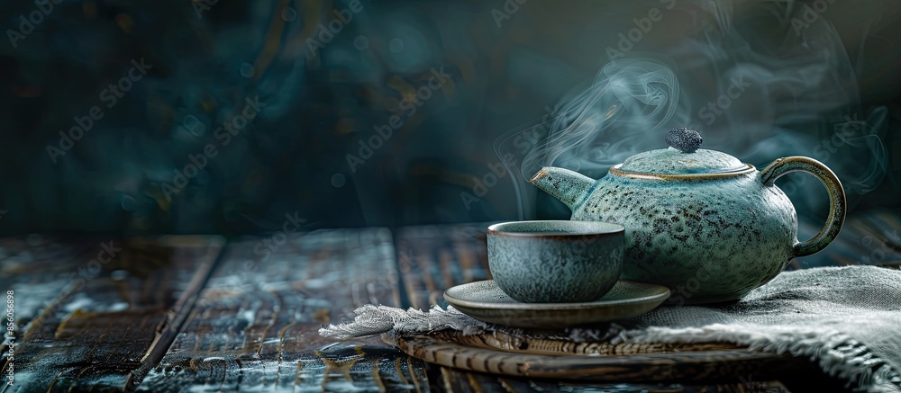 Poster craft handmade ceramic teapot kettle with cup of hot green tea for tea ceremony standing on linen ta