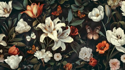 Exquisite dark vintage floral wallpaper adorned with white lilies, peonies, tulips, and butterflies, exuding an opulent and enchanting ambiance for luxurious wallpaper