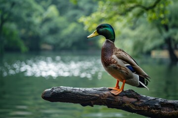 Obraz premium Duck perched on a log by a serene lake