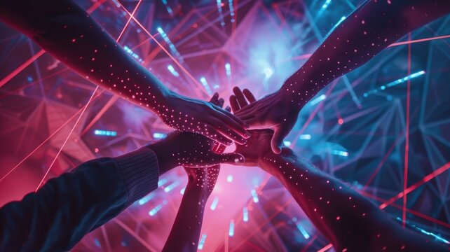 Diverse people with neon background working and putting hand together. AIG53F.