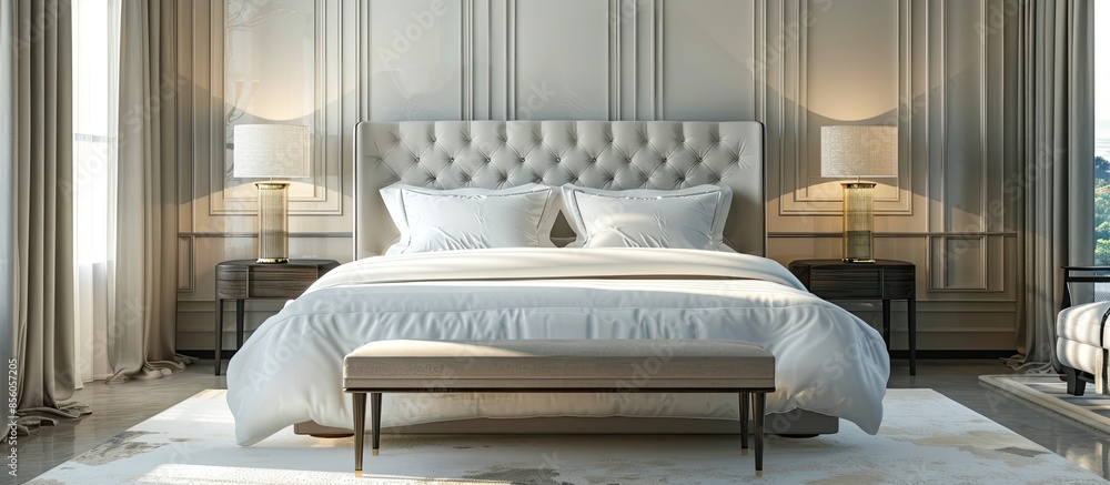 Poster bed in luxury hotel. large bed in the bedroom. with copy space image. place for adding text or desig