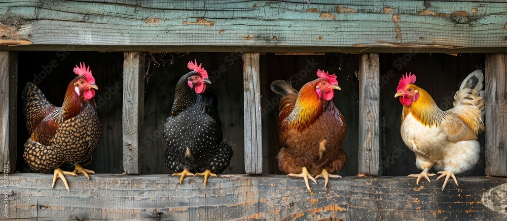 Aufkleber Four different chickens perch in a chicken coop. Disagreement. Copy space image. Place for adding text or design