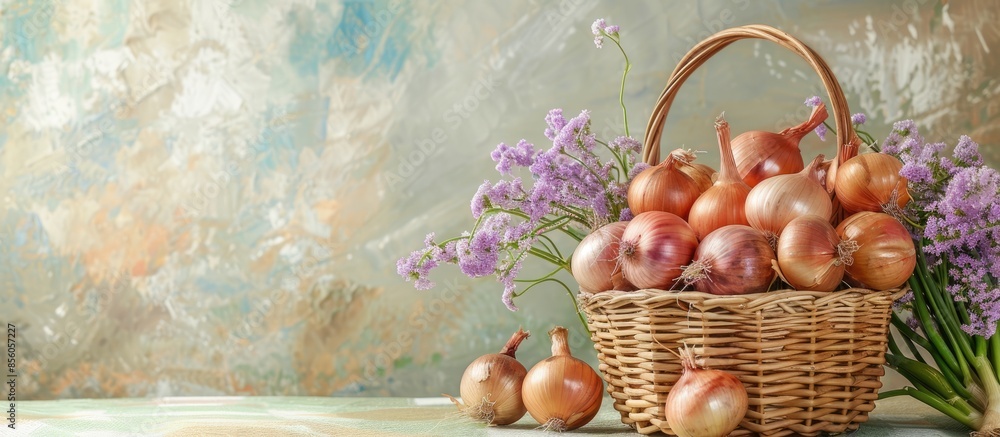 Poster still life of onions with wicker basket with pastel background. rustic style. vertical image. with c