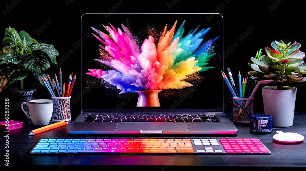 Poster vibrant computer workspace featuring a colorful keyboard and laptop screen explosion, surrounded by 