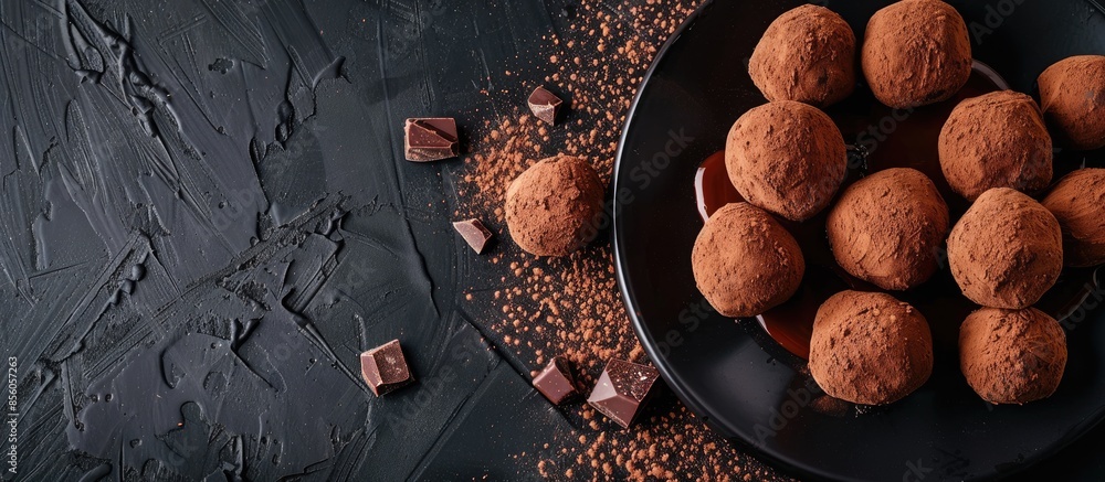 Poster chocolate truffles on a black plate with chocolate sauce. sweets are sprinkled with cocoa powder. to