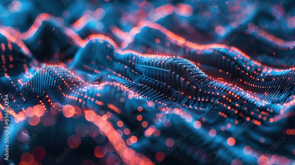 Poster explore vibrant digital connections with glowing particle waveforms in dynamic visualizations. aig53