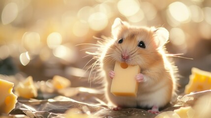 Cute hamster eating cheese