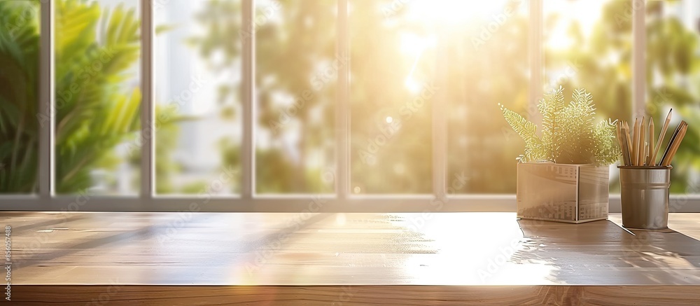 Poster Desk of free space for your decoration and blurred window of sun light. . with copy space image. Place for adding text or design