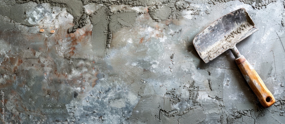 Poster Applying construction trowel in wet cement . with copy space image. Place for adding text or design
