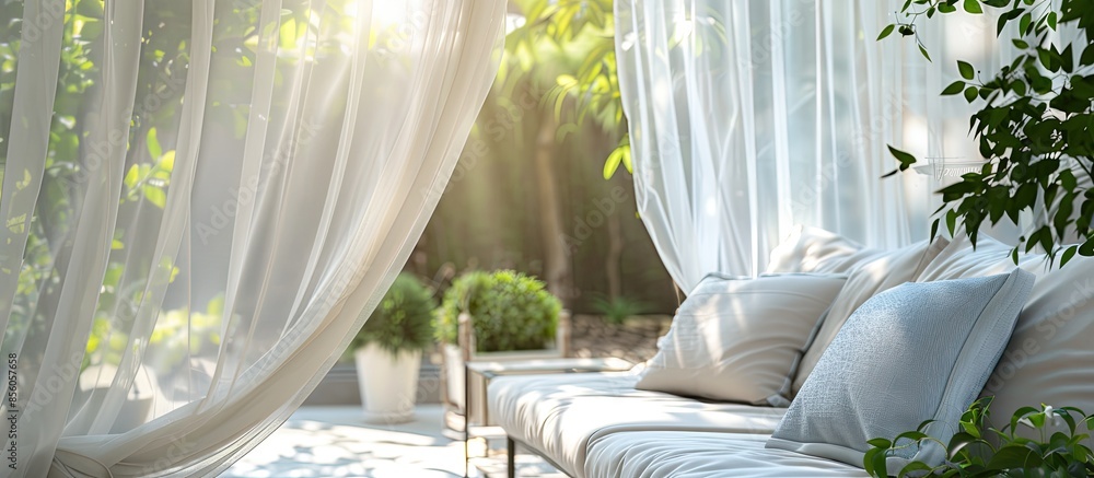 Poster cozy terrace with sofa behind white curtain tulle. copy space image. place for adding text or design