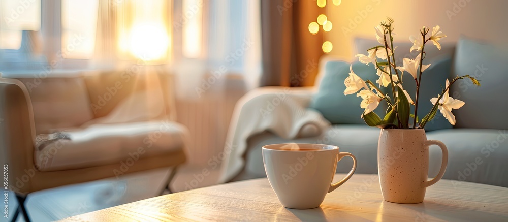Poster cup with hot drink on coffee table, on home interior background. with copy space image. place for ad