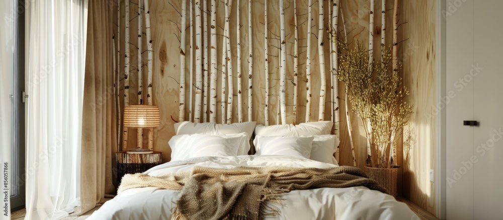 Poster Birch trunks decorating the wall of a bedroom. with copy space image. Place for adding text or design