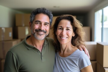 Fototapeta premium Portrait of a smiling middle aged Hispanic couple in new home