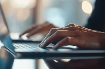 Closeup of hands typing on laptop keyboard in a professional office environment AIG59