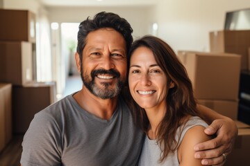 Obraz premium Portrait of a smiling middle aged Hispanic couple in new home