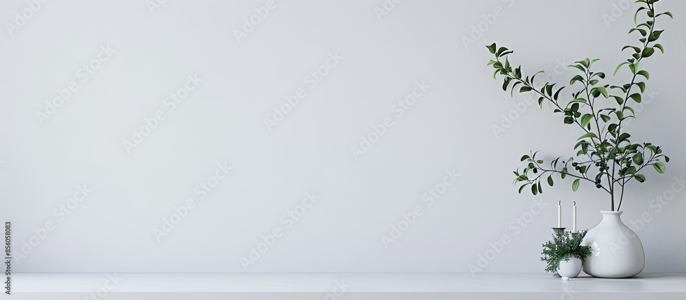 Poster green plant in a vase and candle stand in living room. with copy space image. place for adding text 